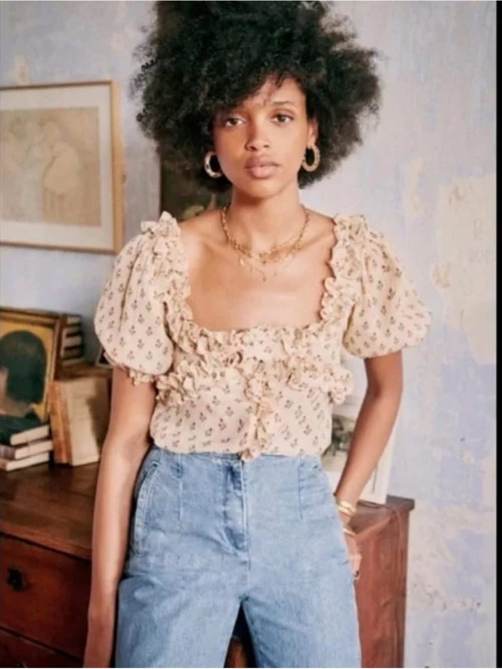 NWT Sezane Wood Beige Tulip Blouse